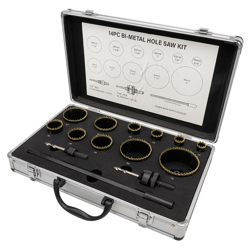 Hulsave i sæt (14 dele) Ø19-76 mm HSS Bi-Metal M42 med 8% cobolt (SORT med guldfarvede tænder)